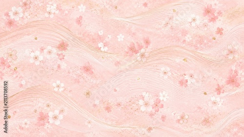 Soft pink cherry blossom background with flowing gold-accented waves, delicate sakura petals and floral pattern in a romantic pastel Japanese style