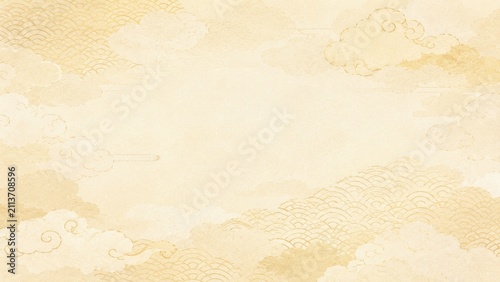 Beige vintage parchment background with stylized Asian clouds and wave patterns in a subtle textured, ornamental design