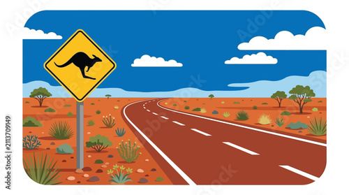 Obraz na plátne Kangaroo Crossing Road Sign In Australian Outback Landscape Vector Illustration