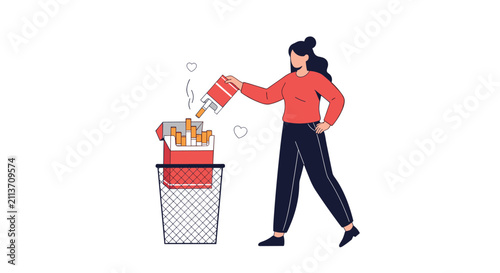 Young woman throwing a red pack of cigarettes directly into a metal wire trash can to successfully quit smoking.