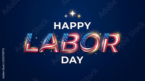 Happy Labor Day Banner With American Flag Stars And Sparkles On Dark Background
