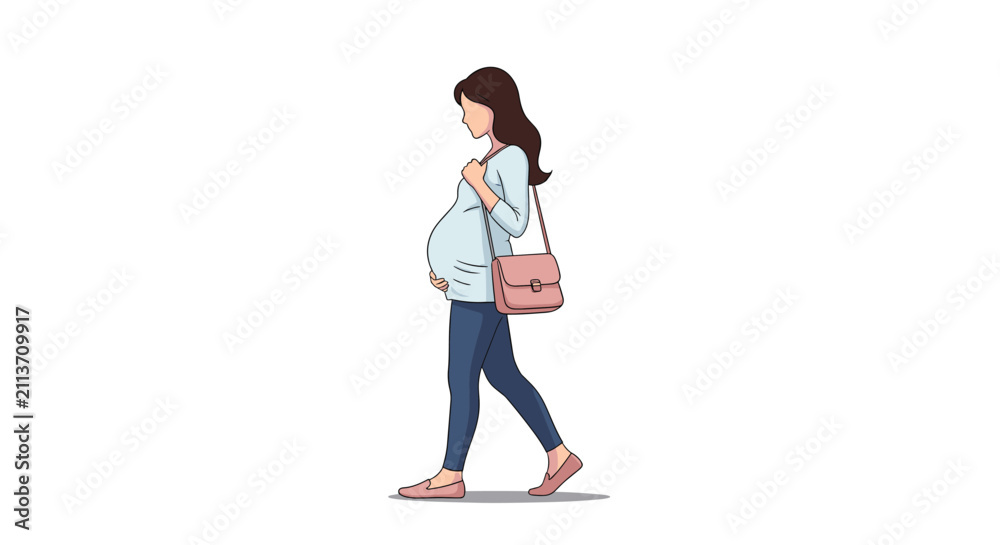 Fototapeta premium Pregnant young woman with long brown hair walking happily while carrying a pink shoulder bag on a plain white background.
