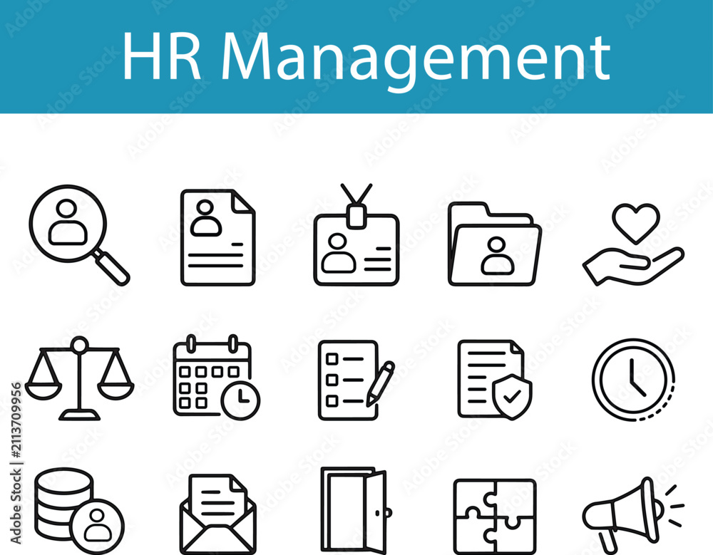 Fototapeta premium HR Management Outline Vector Icons Set – Recruitment, Employee Records, Payroll and Human Resources