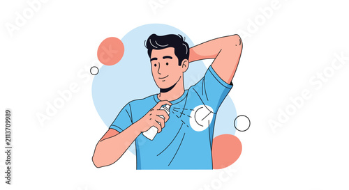 Smiling young man applying underarm deodorant spray to stay fresh and clean, promoting personal hygiene and self care.