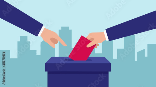 Voting in elections: Hands casting ballot into box with city background
