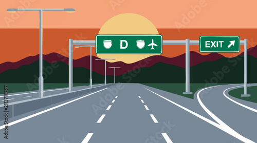 Highway with Road Signs for Exit and Destination at Sunset