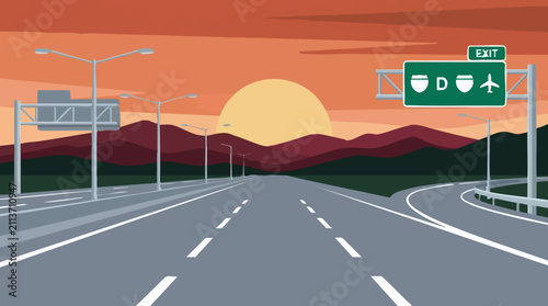 Принти на полотні Flat design highway at sunset with exit sign, mountains, and sun