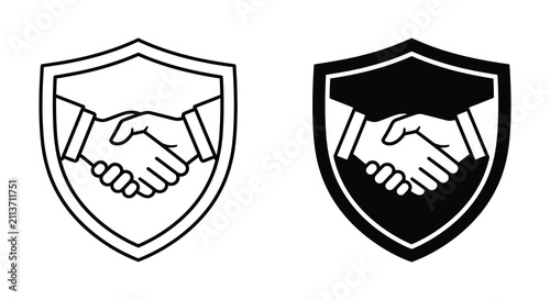 Принти на полотні Handshake within shield shape black and white line art illustration on transpare