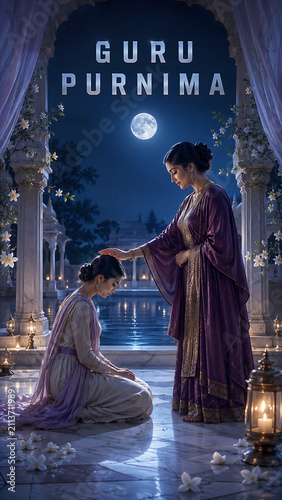 Guru purnima ceremony with woman spiritual mentor blessing kneeling disciple inside moonlit palace courtyard during serene hindu religious festival observance devotion and wisdom