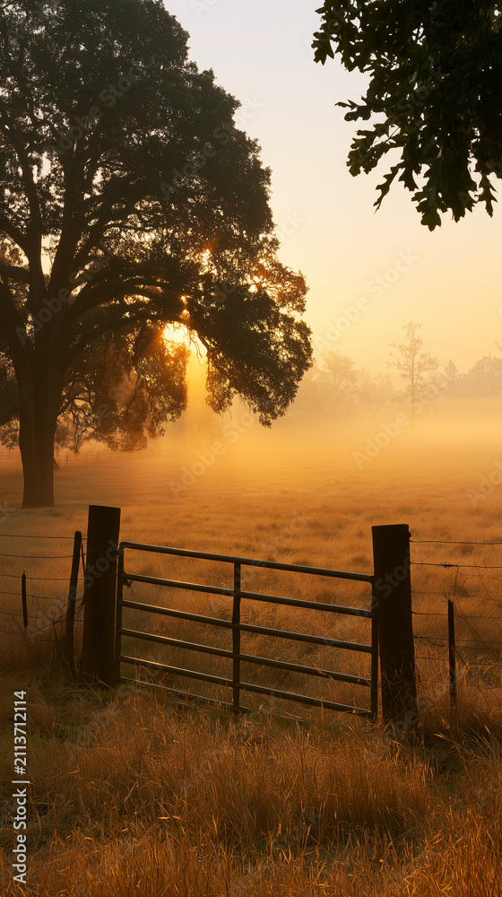 Obraz premium Foggy Farm Landscape at Sunrise