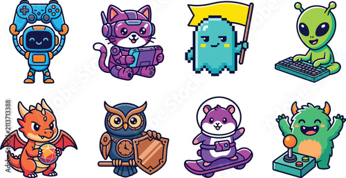 Cute Gaming Mascot Character Set with Robot, Alien, Dragon and Fantasy Animals