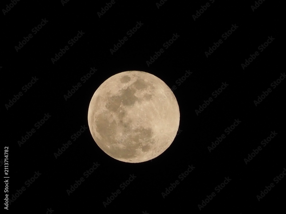 Obraz premium Full moon glowing warmly against a pitch black night sky, showing visible surface craters and detailed lunar geography.