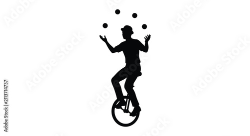 Konstfotografi Juggler On Unicycle Silhouette Against White Background