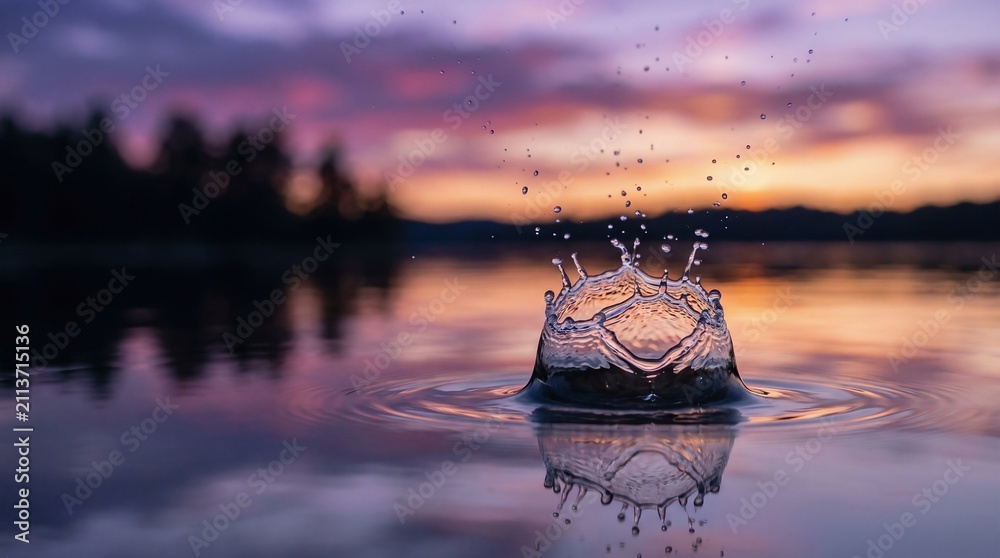 Obraz premium Water Droplet Crown Splash Frozen Macro Lake Surface Reflected Purple Dusk Sky Silhouette Treeline Wide Landscape