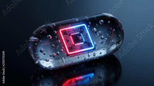 Macro shot of a futuristic glowing bio-chip embedded within a transparent medicine capsule on a reflective dark surface