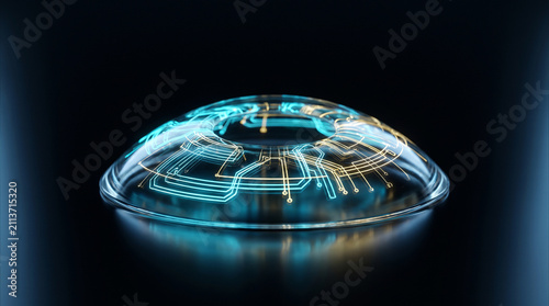 Advanced bionic eye implant contact lens with embedded glowing cyan and gold circuits