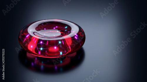 Futuristic glowing artificial red blood cell or stem cell on a dark reflective surface