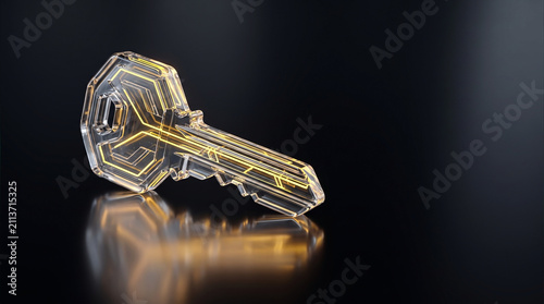 Transparent glass security key with embedded glowing internal golden circuit pathways