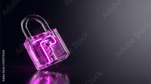 Conceptual 3D render of a translucent glass padlock with glowing magenta neon circuit pathways, cyber security and data protection concept.