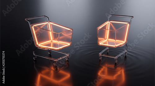 Conceptual 3D render of two identical transparent glass-walled shopping carts facing each other with glowing orange internal neon lights on a dark reflective surface.