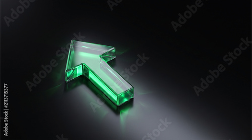 Futuristic glowing cyan-green glass upward arrow resting slightly tilted on a dark reflective surface.