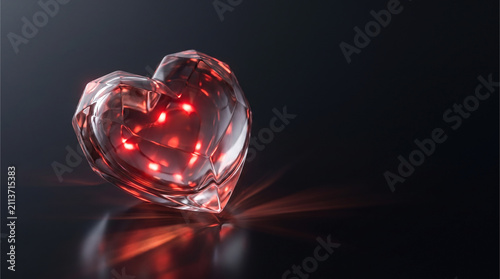 Futuristic glowing red glass heart with stylized vascular network on a dark reflective surface.