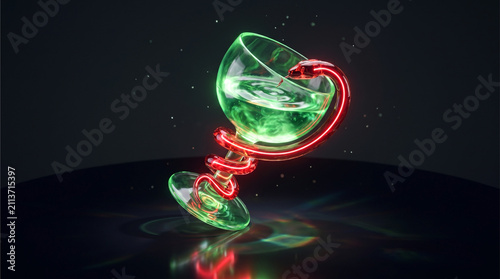 Conceptual 3D render of a futuristic glowing glass Bowl of Hygieia pharmacy symbol with a neon red snake and green goblet resting slightly tilted on a dark reflective surface.