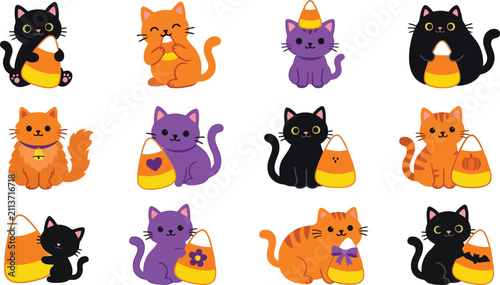 Fotografie Cute cartoon cats with candy corn, halloween treats, and festive autumn accessor