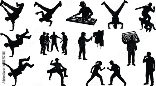 Fotografía Hip hop and street dance silhouettes featuring breakdancers, dj, graffiti artist