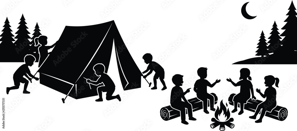 Obraz premium Kids Camping in Forest Black White Silhouette Vector Illustration