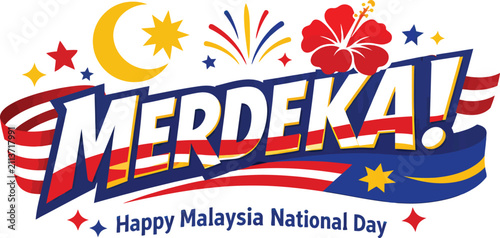 Merdeka celebration graphic with Malaysian hibiscus and waving flag