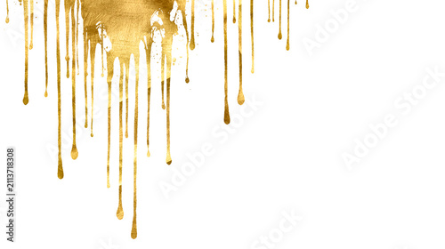 Golden liquid dripping down on transparent background, molten gold flowing drops, luxury metallic, splash of liquid gold paint with sparkles. Watercolor gold foil pieces flake. Old gold texture. PNG.