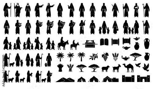 Bild auf Leinwand Ancient Biblical Figures and Symbols Silhouette Flat Vector Illustration Collect