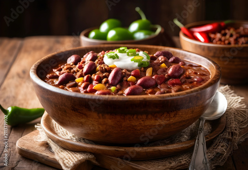 Rustic bowl of chili con ca...