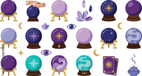 Принти на полотні Magic crystal ball vector illustration set featuring mystical fortune telling globes, sparkling stars, tarot cards, quartz crystals, and witch hand elements