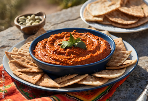 Muhammara dip with pita bre...