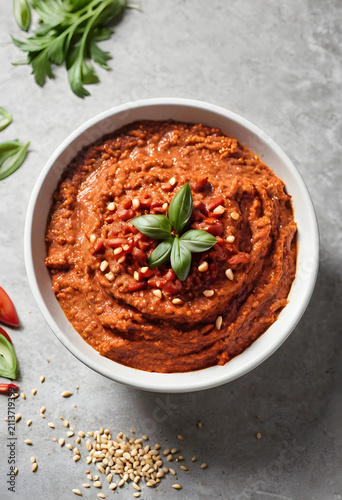 Bowl of muhammara dip garni...