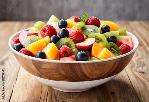 Fresh fruit salad in wooden...