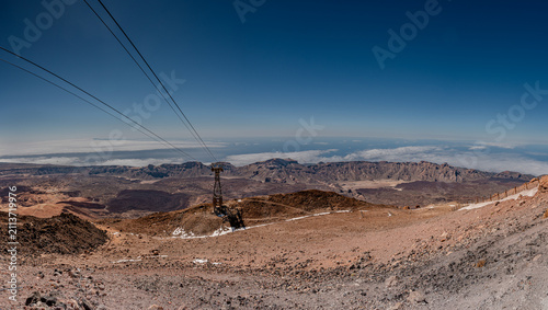 Panoramic Volcanic Landscape at Mount Teide with Cable Car and Sea of Clouds
