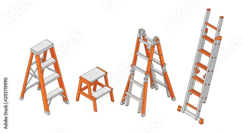 Assorted Ladders And Step Stools Isometric Vector Illustration With Orange And Gray Tones ladder stool extension folding