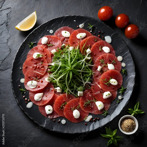 Beef carpaccio with greens ...