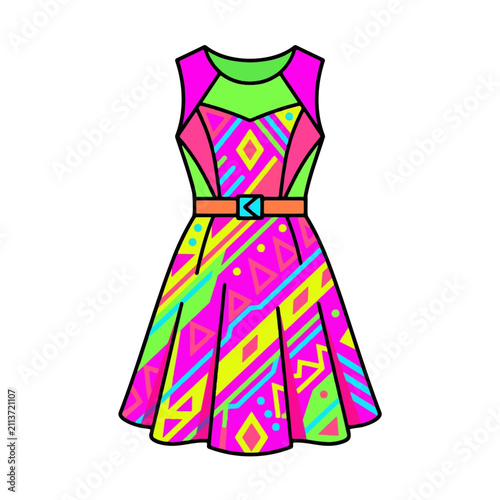 Retro 80s Style Dress with Geometric Patterns and Neon Colors