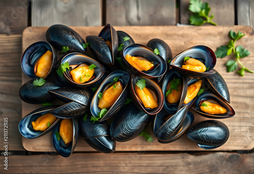 Top view of cooked mussels ...