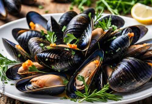 Close-up of cooked mussels ...
