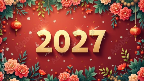 Decorative illustration featuring the year 2027 surrounded by vibrant floral elements and traditional lanterns on a red background for festive celebrations