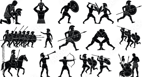 Obraz na plátne Ancient greek military and warfare silhouettes featuring soldiers, hoplites, com