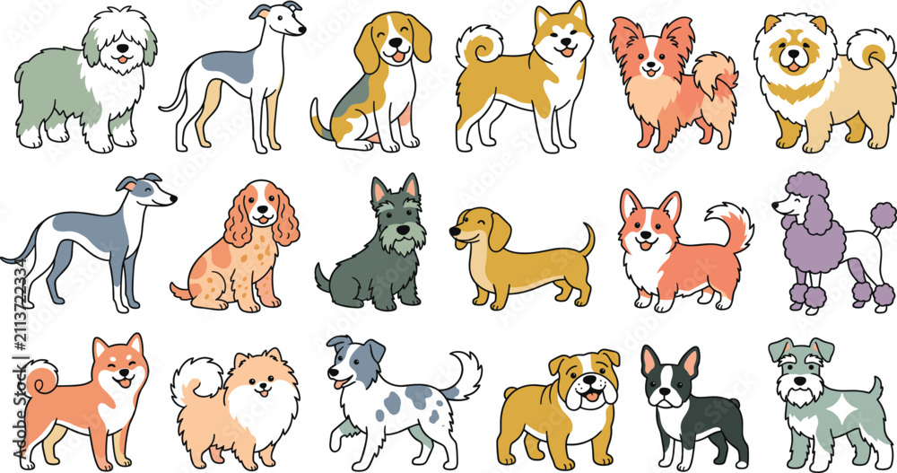 Obraz premium Collection of diverse cartoon dog breeds vector illustration for pet care and veterinary design