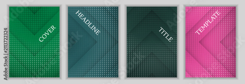 Halftone dots and arrow direction background business cover page template set. Minimal brochures vector design. Geometric book front pages. Promotion flyers batch.