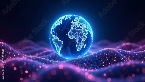 3D digital globe representation of Earth with glowing blue continents and vibrant pink and purple waves in a futuristic abstract background