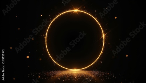 Golden circular light ring with sparkling particles on a black background, creating a glowing effect suitable for various design applications and digital projects